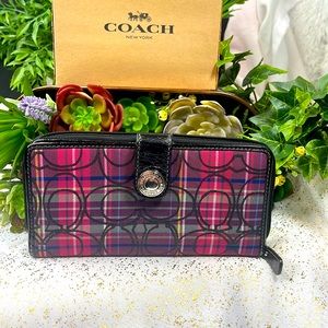 Coach wallet tartan plaid zip around maroon purple